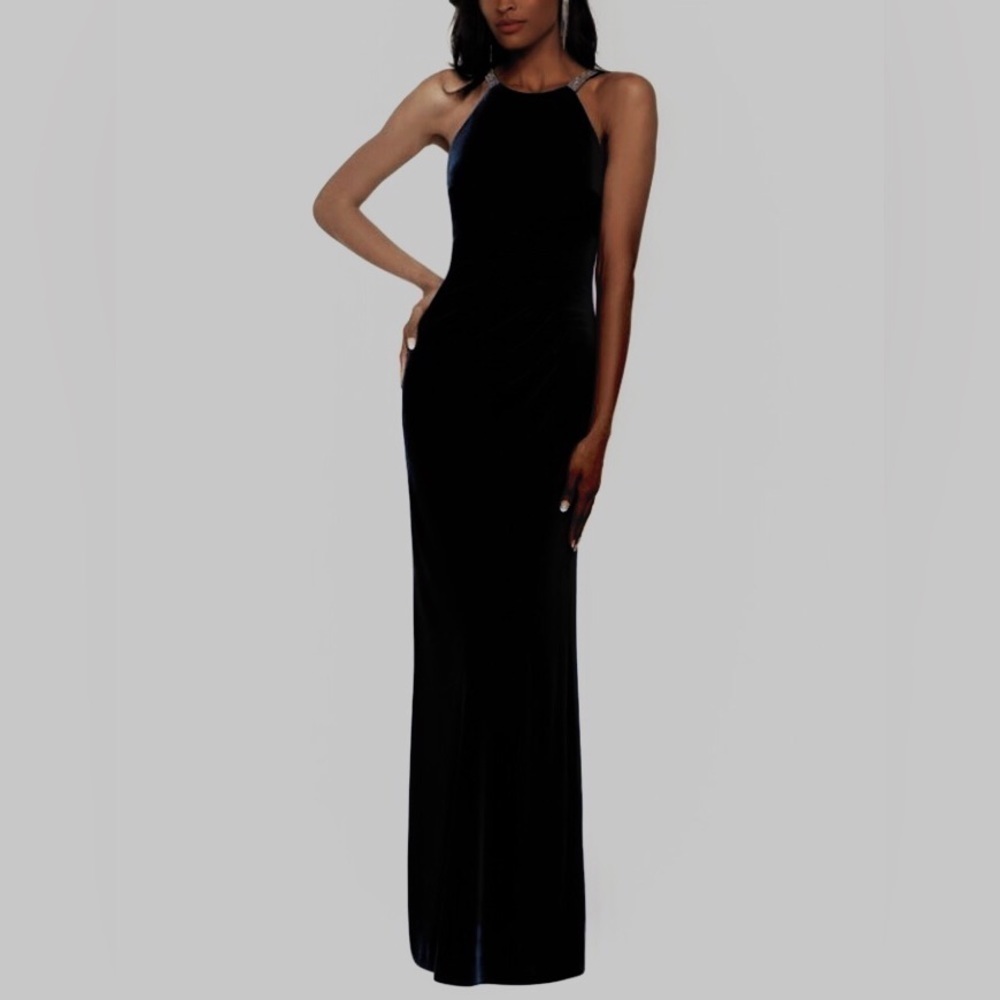 NWT! BETSY & ADAM Black Velvet Sleeveless Full-Length Evening Sheath Dress 🍭